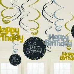 Balloon Agencies Happy Birthday Hanging Decorations Pk12 - Black