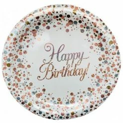Alpen Rose Gold & White Happy Birthday Paper Plate PK8