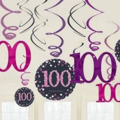 Balloon Agencies 100th Hanging Decorations Pk12 - Pink