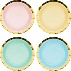 Balloon Agencies Plates - Plain Pastel Paper Plates With Gold Trim | Assorted | Pk8
