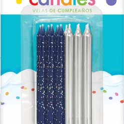 Metero Navy Blue & Silver Candles Pk12