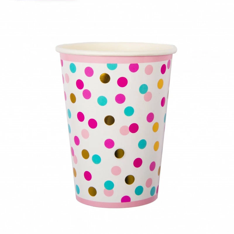 Party Planet Confetti Print Cups Pink, Turquoise & Gold Pk8 Easter
