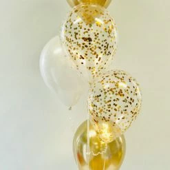 Party Planet Balloon Floor Arrangements Chrome Gold, Pearl White & Confetti Balloon Arrangement